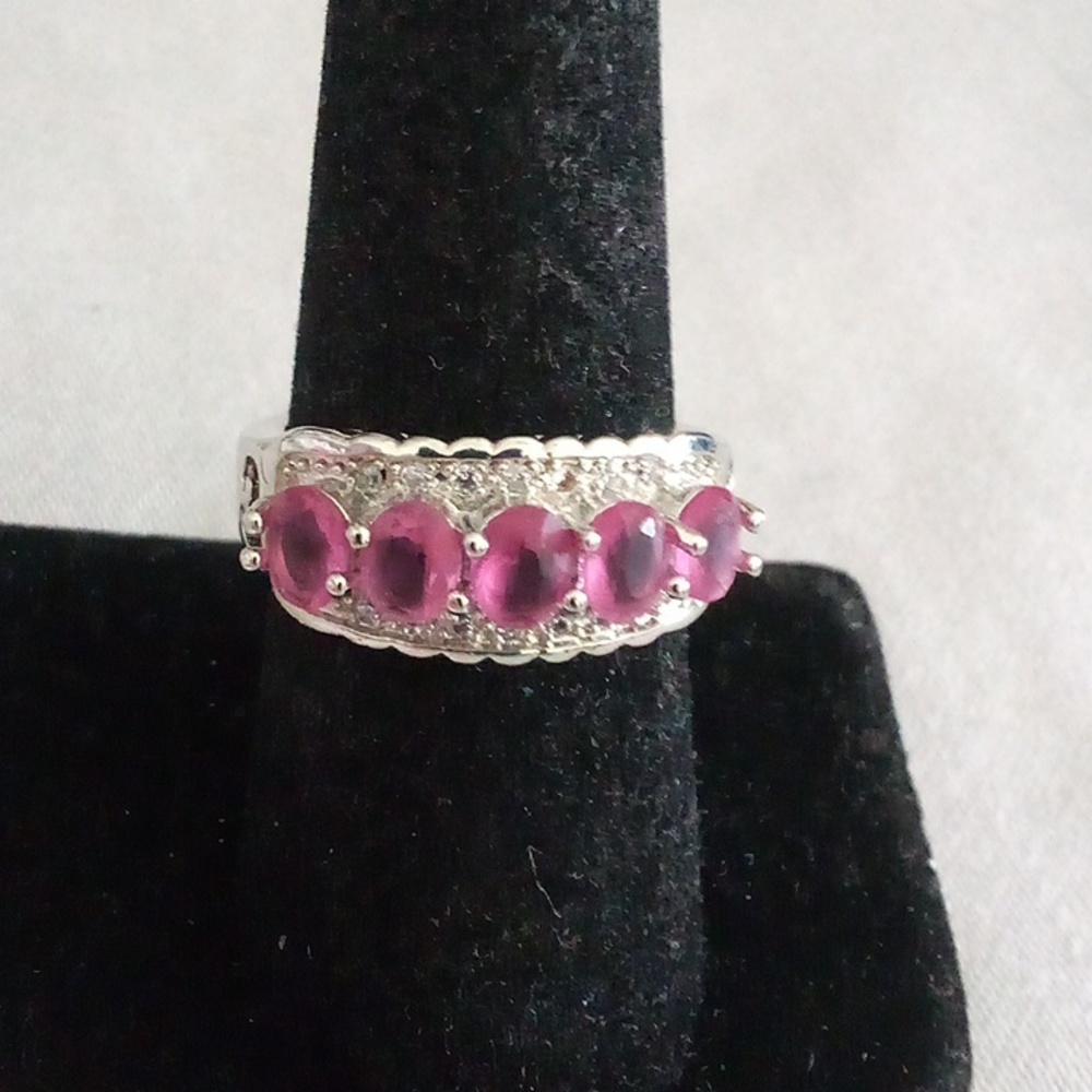 Pink rhodolite and CZ cocktail band Size 6.5